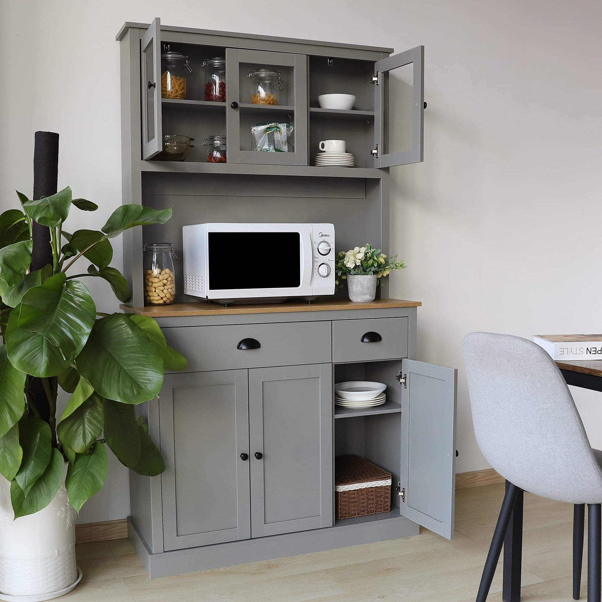 MUPATER Kitchen Pantry Storage Cabinet with Microwave Stand, 71'' Freestanding Hutch Cabinet with Buffet Cupboard, Drawers and Doors for Home, Grey - WoodArtSupply