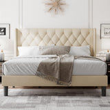 Feonase King Size Bed Frame with Wingback Tufted Headboard, Upholstered Platform Bed Frame with Heavy Duty Wooden Slats Support, Noise-Free, No Box Spring Needed, Easy Assembly, Beige Feonase