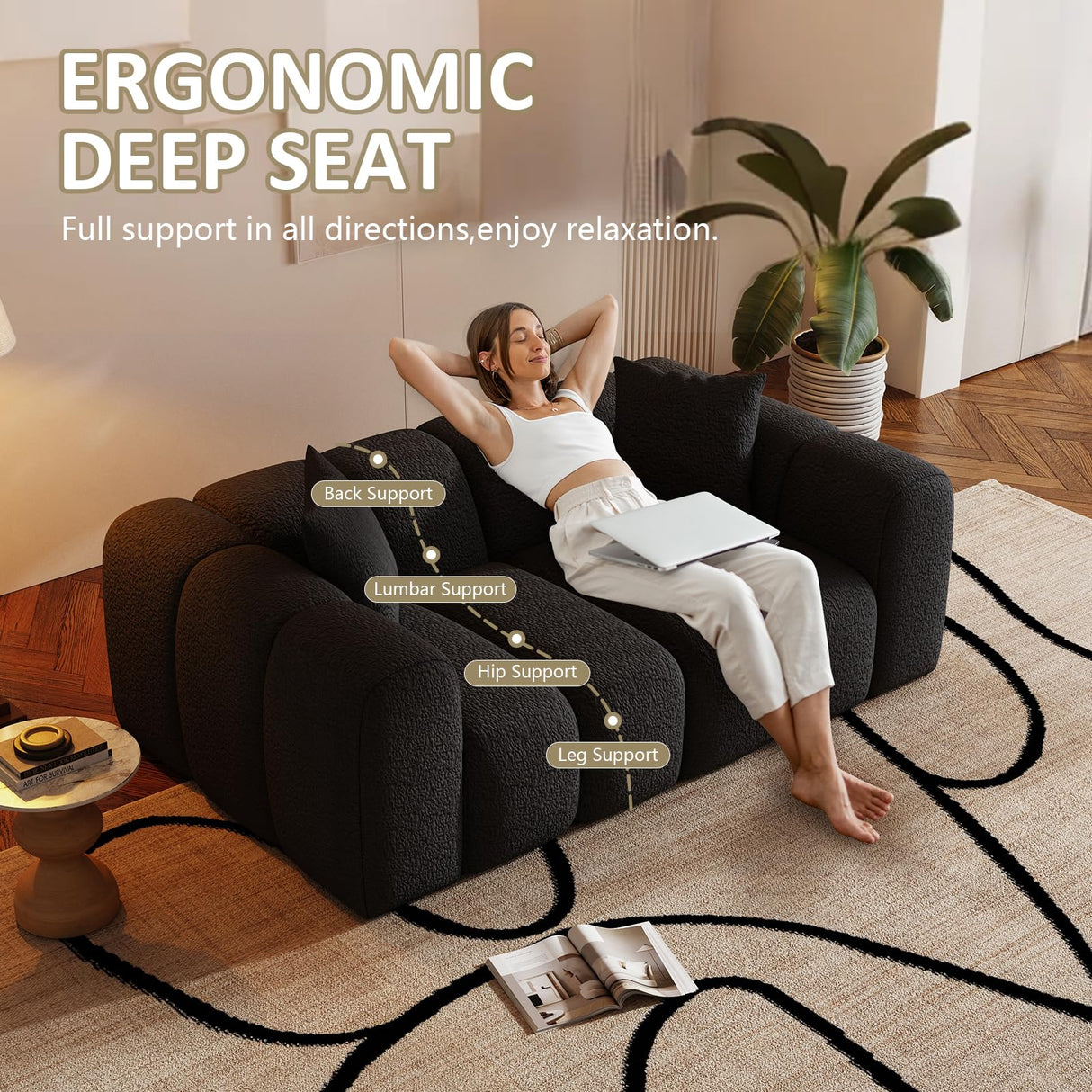 WHGBJA 70" Modern Chenille Fabric Sofa Couch – One-Piece Memory Foam 3-Seater Sofa with Rounded Arms, Soft & Cozy Upholstery for Living Room (Black) WHGBJA