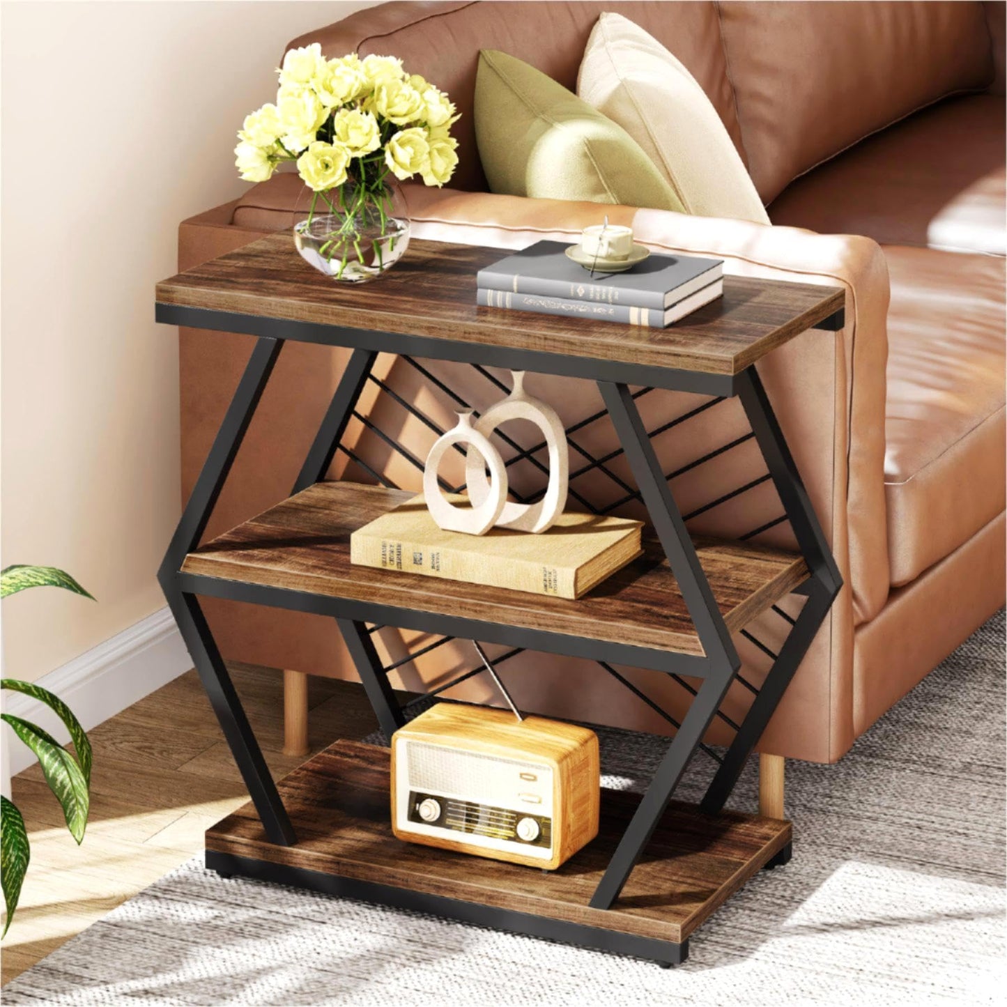 Tribesigns End Table, Industrial Side Table with 3 Storage Shelves, Wood Sofa Side Table with Geometric Metal Frame, Bedside Table for Living Room, Bedroom (1PC, Rustic Brown) - WoodArtSupply