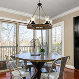 GEPOW Farmhouse Wood Chandelier, Round Wagon Wheel Light Fixture with Seeded Glass Shades & Hemp Rope for Dining Room, Living Room, Bedroom, Kitchen Island, and Foyer GEPOW