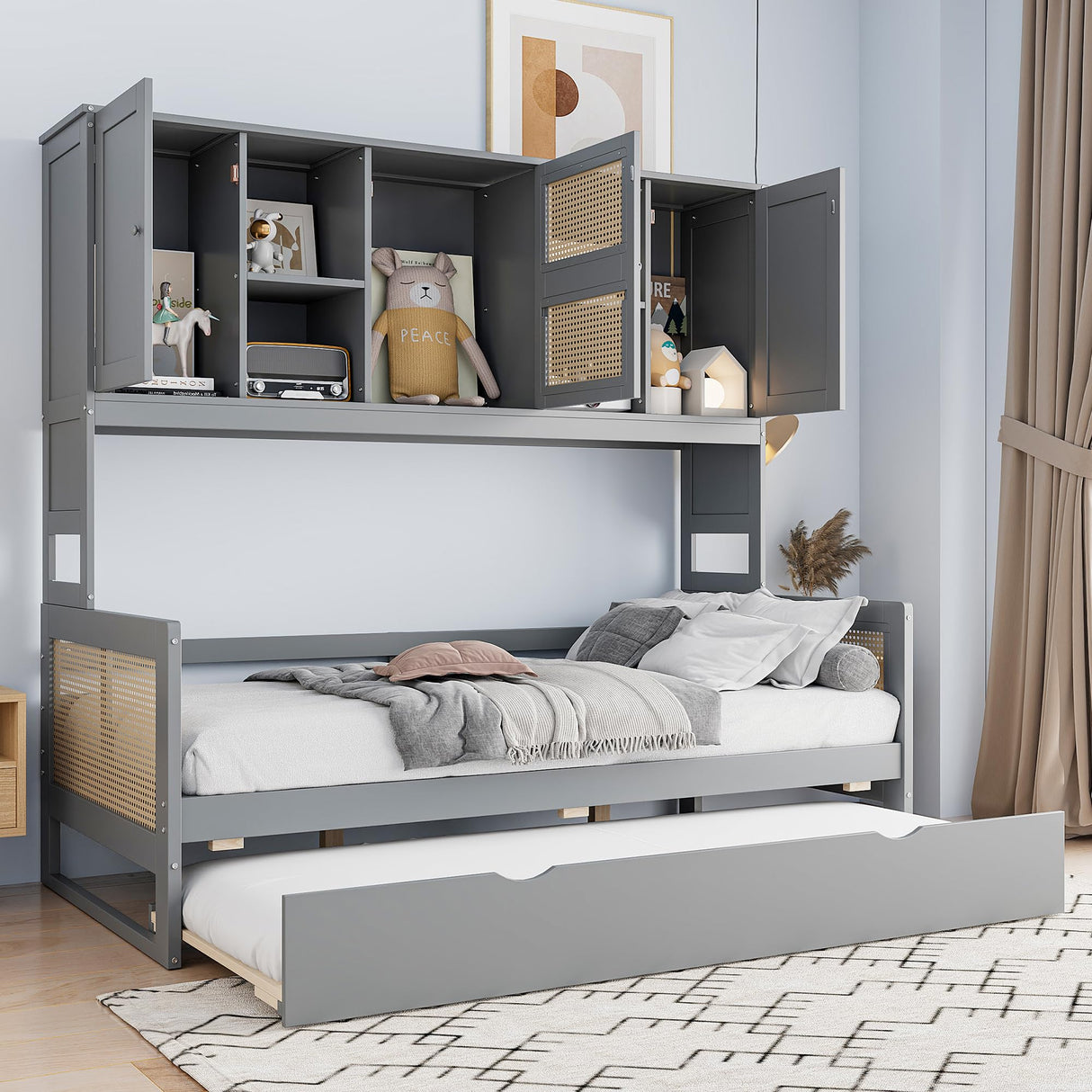 RuiSiSi Twin Size Daybed with Trundle & Storage, Solid Wood Corner Bed with Bookcase Headboard and Cabinets, Rattan Style Twin Day Bed Frame for Kids Teens Adults, Grey RuiSiSi