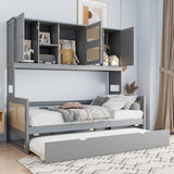 RuiSiSi Twin Size Daybed with Trundle & Storage, Solid Wood Corner Bed with Bookcase Headboard and Cabinets, Rattan Style Twin Day Bed Frame for Kids Teens Adults, Grey RuiSiSi