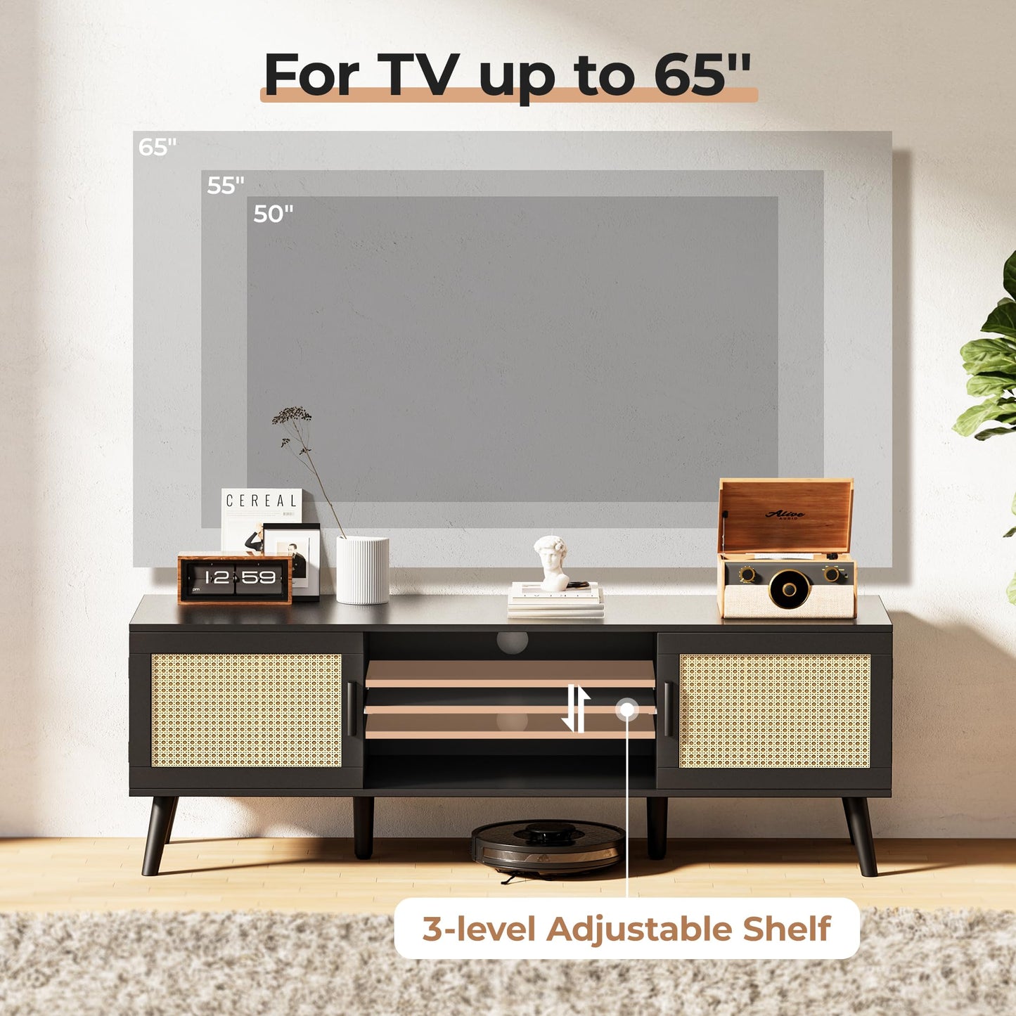 SUPERJARE 65 Inch TV Stand, Entertainment Center with Adjustable Shelf, Rattan TV Console with 2 Cabinets, Media Console, Solid Wood Feet, 4 Cord Holes, for Living Room, Black