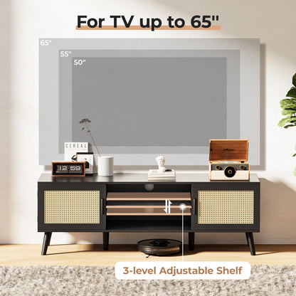 SUPERJARE 65 Inch TV Stand, Entertainment Center with Adjustable Shelf, Rattan TV Console with 2 Cabinets, Media Console, Solid Wood Feet, 4 Cord Holes, for Living Room, Black