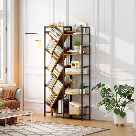 5-Tier Double Wide Bookshelf 67" , Industrial Tree BookShelves, Vintage Storage Rack with 14 Open Shelves, Large Bookcase, Wooden and Metal Bookshelves, Wide Display Rack for Home Office Decorative Cutogxon