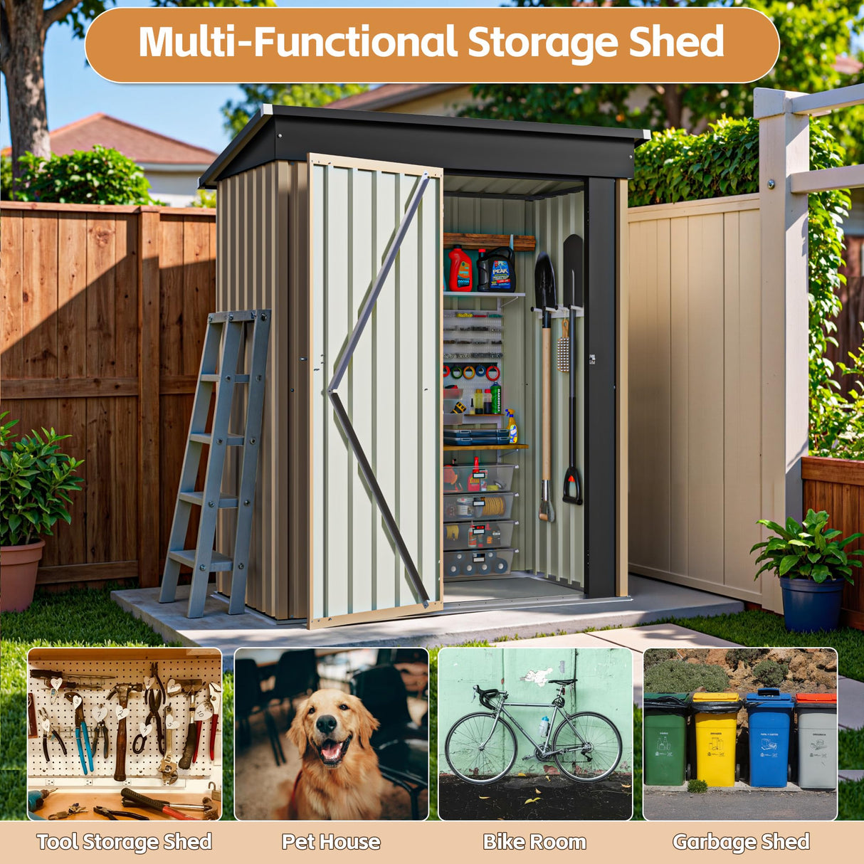 Greesum 5×3FT Outdoor Storage Shed, Metal Patio Storaged Sheds with Lockable Doors, Sheds & Outdoor Storage for Bike, Backyard, Pool and Garden, Brown Greesum
