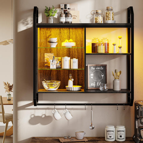 Bestier Gaming Floating Shelves, 34" LED Wall Mounted Shelf with Adjustable Glass Shelf, Pipe Shelves Hanging Display Rack Bookshelf with 6 S-Hook, Gaming Room Decor Wine Coffee Bar Black Bestier