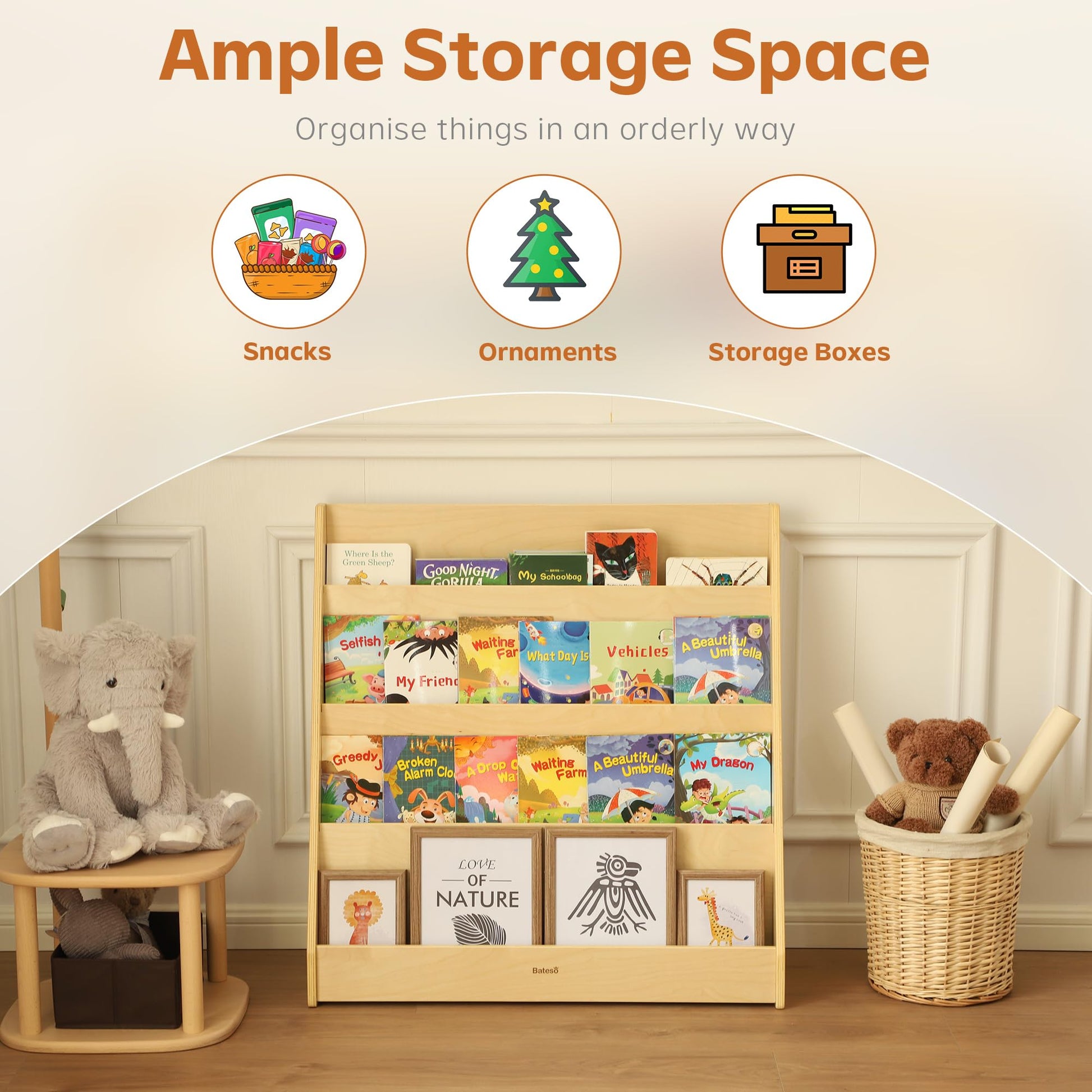 Bateso Natural Wood 4-Layer Toddler Bookshelf - Space-Saving Storage for Playrooms and Nurseries - WoodArtSupply