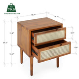 Bme Oliver Solid Wood Rattan Nightstand/Side End Table, Fully Assembled, for Bohemian & Mid Century Style Bedroom and Living Room, 2-Drawer, Caramel Bme