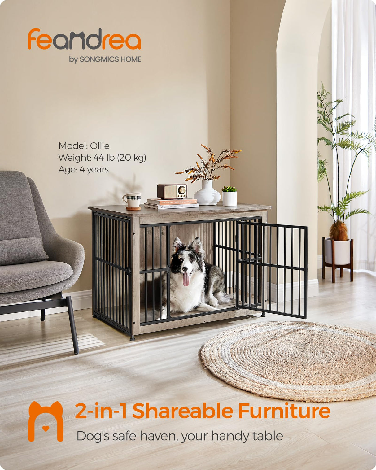 Feandrea Dog Crate Furniture, 38.6" Side End Table, Modern Kennel for Dogs Indoor up to 70 lb, Heavy-Duty Dog Cage with Enclosed Base, Double-Door Dog House, Heather Greige UPFC023G01 Feandrea