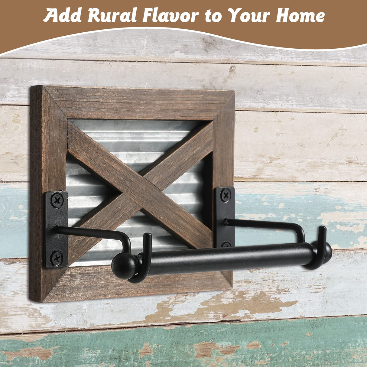 Farmhouse Toilet Paper Holder with Galvanized Metal& Black Metal - Rustic Warm Brown Wood Wall Mount Toilet Roll Holder for Bathroom Decor KULEDM