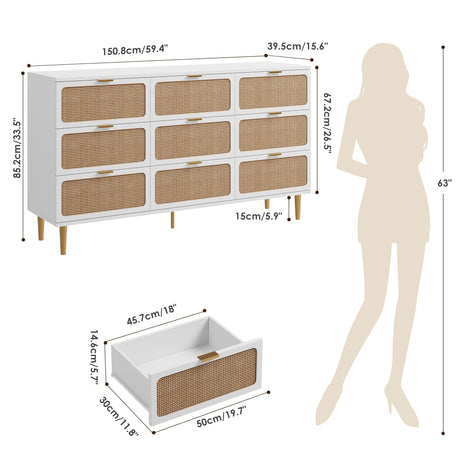 Garvee Rattan Dresser with 9 Drawers, Tall Modern Closet with Deep Storage, Large Chest of Drawers with Wide Top, Long Wooden Dresser for Bedroom, Living Room, Hallway, Kids Room, White Garvee