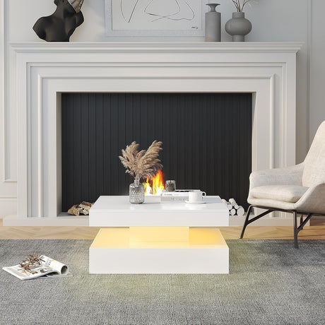 LED Coffee Table for Living Room with Storage - High Glossy Modern White Center Table with 2 Drawers, Square Wooden Middle Table with 16-Color Lights 31" x 31" x 14.6" (White) FKWin