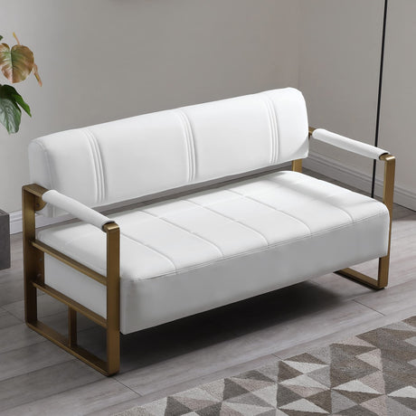 PBOGHLRD 57.9" Modern Leather Loveseat Sofa, Upholstery Faux Bonded Leather Accent Futon Couch with Metal Square Arms for Living Room, Office, Apartment (White) PBOGHLRD