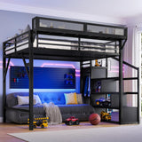 KALALLA Queen Size Loft Bed with Convertible Stairs and LED, USB Ports, Heavy-Duty Metal Loft Bunker Bed with Storage Shelves Integrated Wardrobe for Kids Boys Adults, Black Woodgrain KALALLA