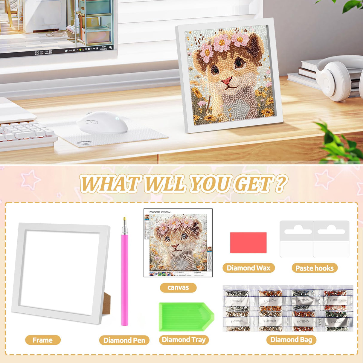 SENQAO Lion Diamond Art Kit for Adults with Frame Art and Crafts for Adults Ages 6-8 -10-12 Easy to DIY Diamond Art for Adults and Adult Beginners Home Wall Decoration 7.1x7.1inch SENQAO