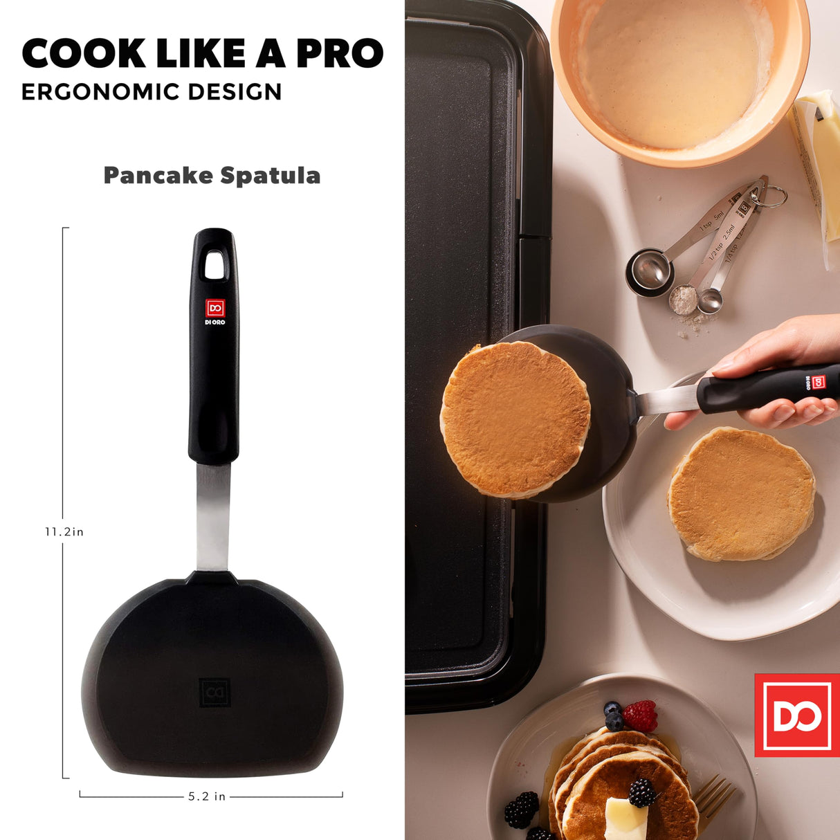 Silicone Turner Pancake Spatula - Nonstick Cookware Safe 600°F Heat-Resistant Flexible & Thin Cooking Flipper for Eggs - Reinforced Stainless Steel Core - BPA Free & Dishwasher Safe by DI ORO di Oro Living