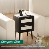 Ltysh Nightstand with Charging Station,Rattan Night Stand with Solid Wood Legs, Bedside Table with USB Ports & Outlets Bed Side Table,End Table for Bedroom,Living Room(Black) Ltysh
