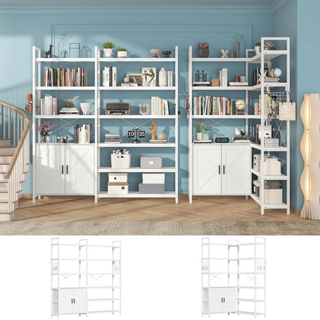 Nosepen 6 Tire Large White L Shaped Bookshelf & Corner Bookcase with Storage Cabinet and 2 Barn Doors and 10 Storage Shelves, 71.3" Tall Farmhouse Etagere L Shaped Book-Shelf with Metal Frame(White) Nosepen