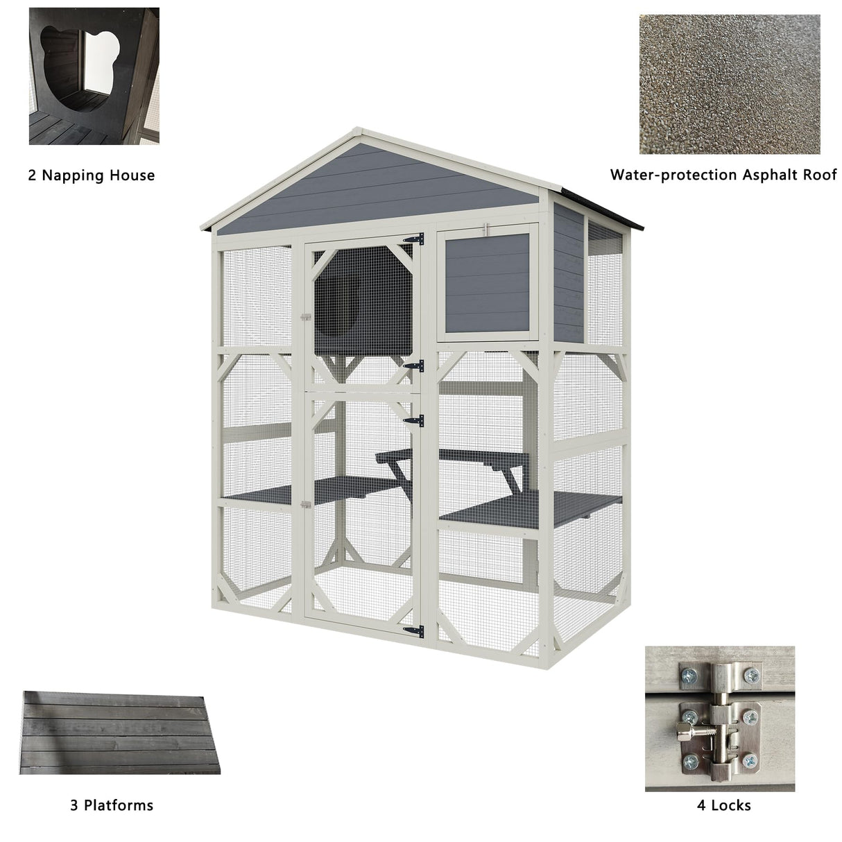 YOPTO 74.8" H Wooden Catio Outdoor Cat House,Cat Enclosure with Waterproof Top, 3 Platforms & 2 Napping House Small Pet Animal Cage,Brown+White YOPTO