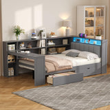 Full Size Corner Bed Frame with Storage Drawers and Desk,Captain Daybed with L-Shaped Bookcase and LED Lights,Corner Bed Full Size with Charging Station for Kids,Teens,Adults,Gray Bellemave