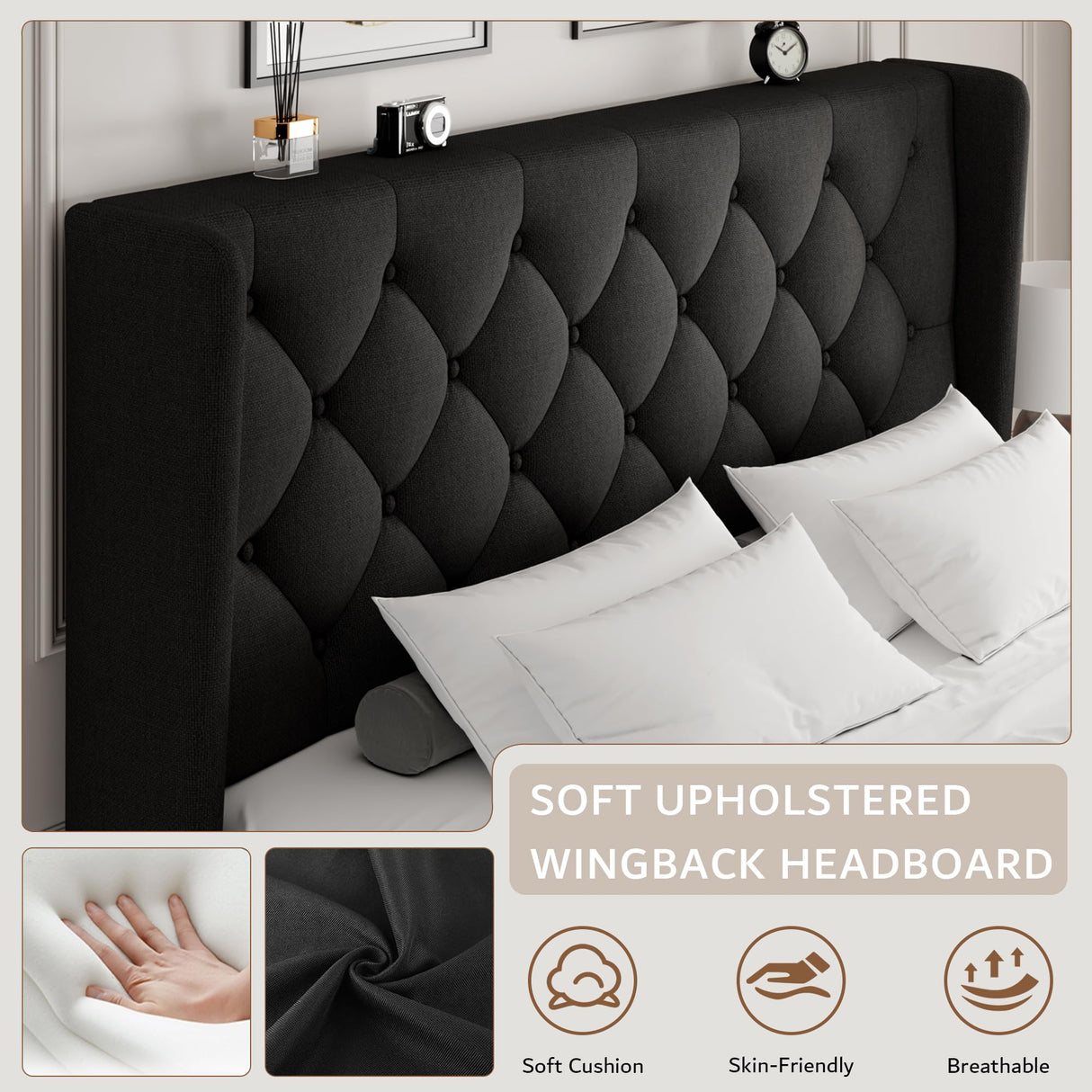 iPormis Queen Size Platform Bed Frame with Button Tufted Headboard, Upholstered Bed Frame with Solid Wooden Slats, 8" Underbed Space, No Box Spring Needed, Noise Free, Easy Assembly, Black iPormis