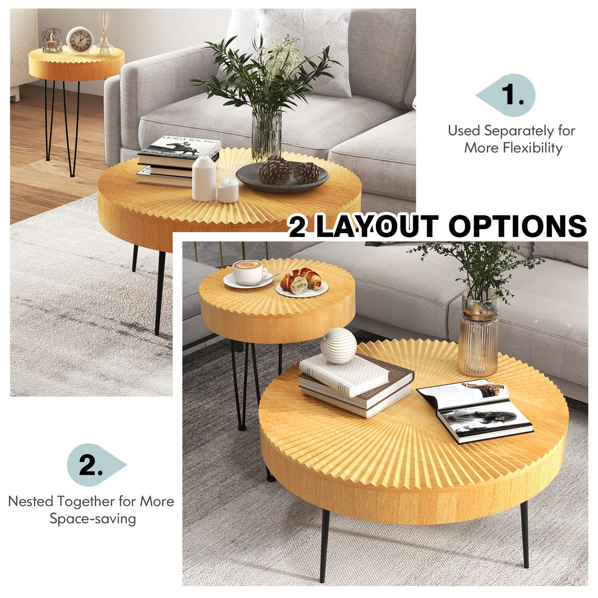 GOFLAME Round Coffee Table Set of 2, Modern Farmhouse End Tables with Natural Finish, Aesthetic Line Design, Solid Wood Nesting Side Tables for Living Room, Bedroom, Easy Assembly GOFLAME