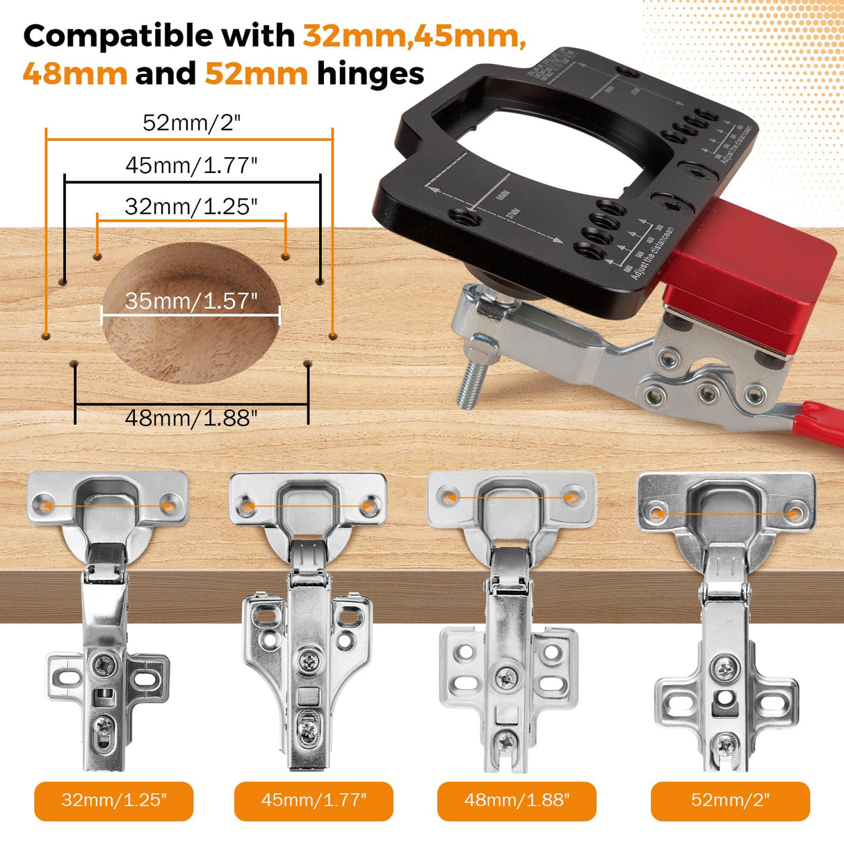 BEAMNOVA 35mm Concealed Hinge Jig with Drilling Guide Locator Aluminum Alloy Cabinet Door Hinge Jig,Woodworking Tool for Door Cabinets Hinges Mounting，Accurate Locking Hinge Boring Jig BEAMNOVA