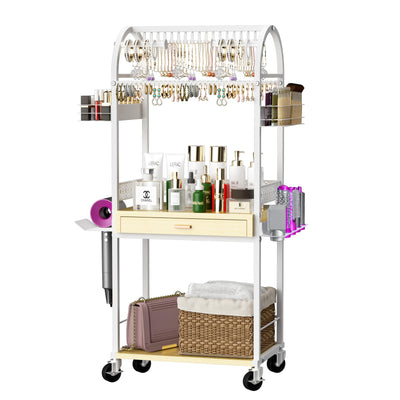 Xubialo Makeup Organizer Cart with Wood Drawers, Rolling Jewelry Holder Organizer and Storage- Hair Dryer Holder Hair Tool Organizer Jewelry Armoire