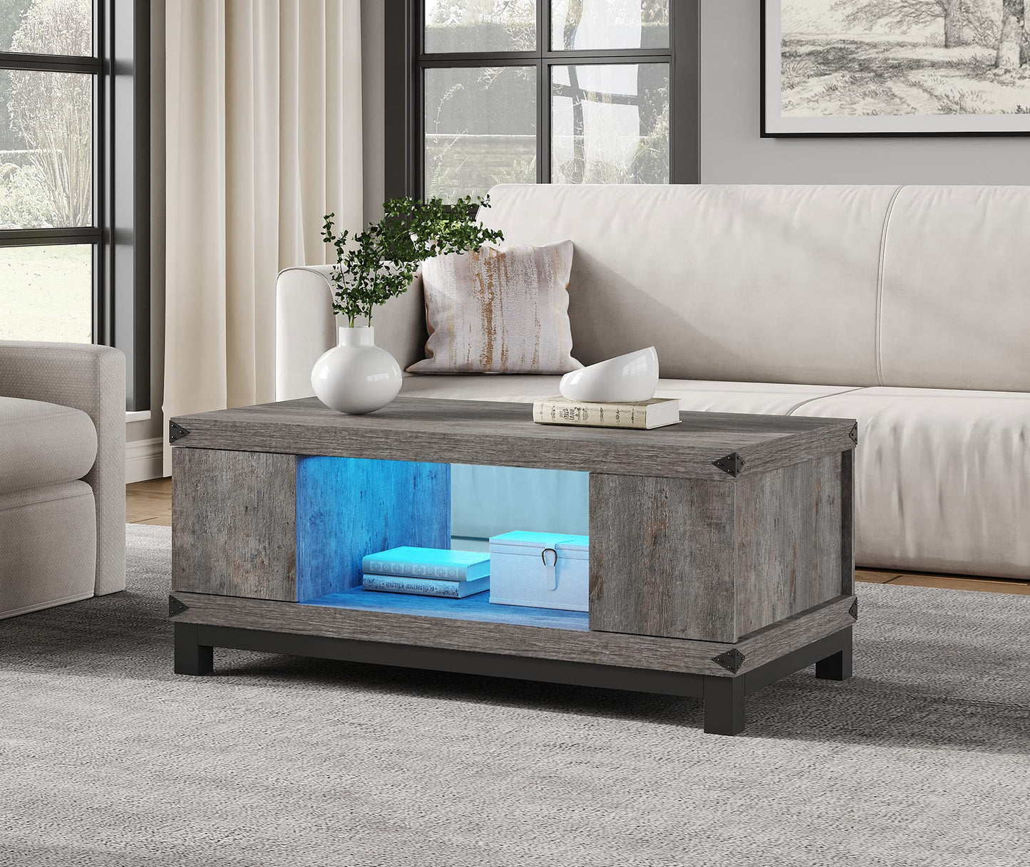 LED Coffee Table with Storage Drawers, Farmhouse Wood Coffee Table for Living Room, Modern Tea Table with Double Storage Shelves, Metal Legs, Grey, 42" - WoodArtSupply