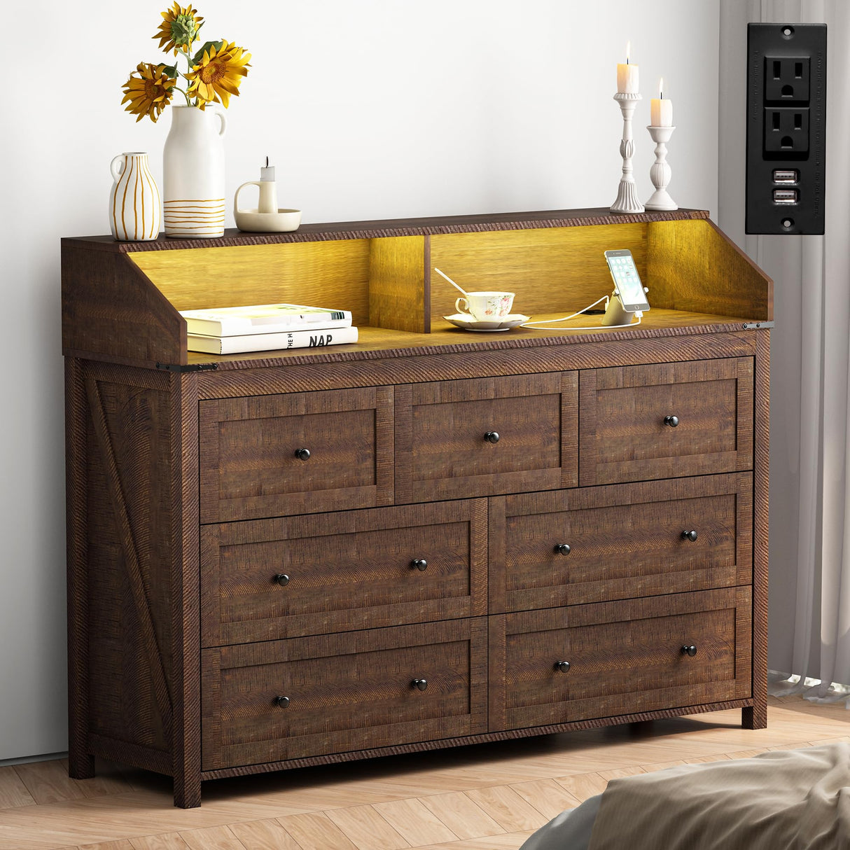 GlouMod Farmhouse 7-Drawer Dresser Chests for Bedroom, LED Dresser with Charging Station, Wood Rustic Tall Chest of Drawers, Brown GlouMod
