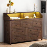 GlouMod Farmhouse 7-Drawer Dresser Chests for Bedroom, LED Dresser with Charging Station, Wood Rustic Tall Chest of Drawers, Brown GlouMod