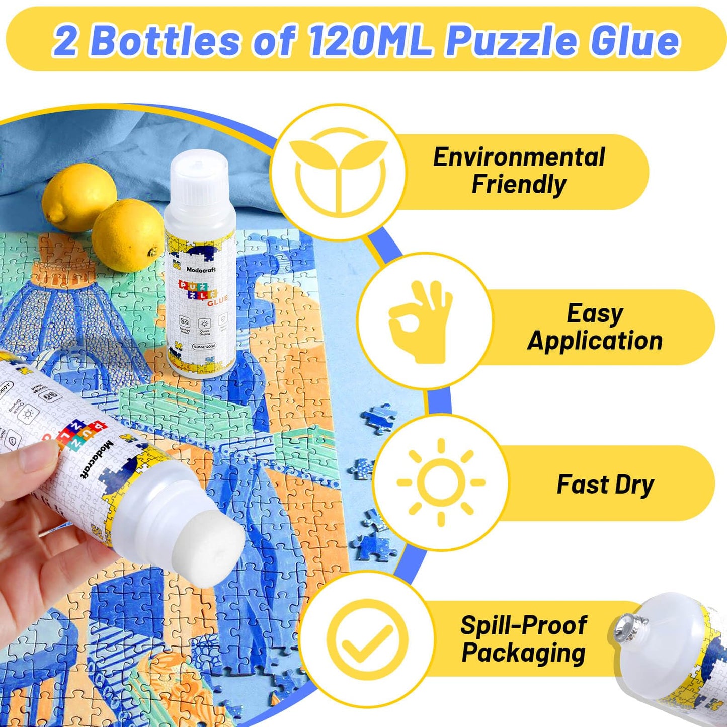 2 Pack 120ml Jigsaw Puzzle Glue with New Sponge Head, Suitable for 1000/3000/5000 Pieces of Paper and Wood Puzzle, Clear Water-Soluble Quick Dry Jigsaw Puzzle Glue, 240ml in Total