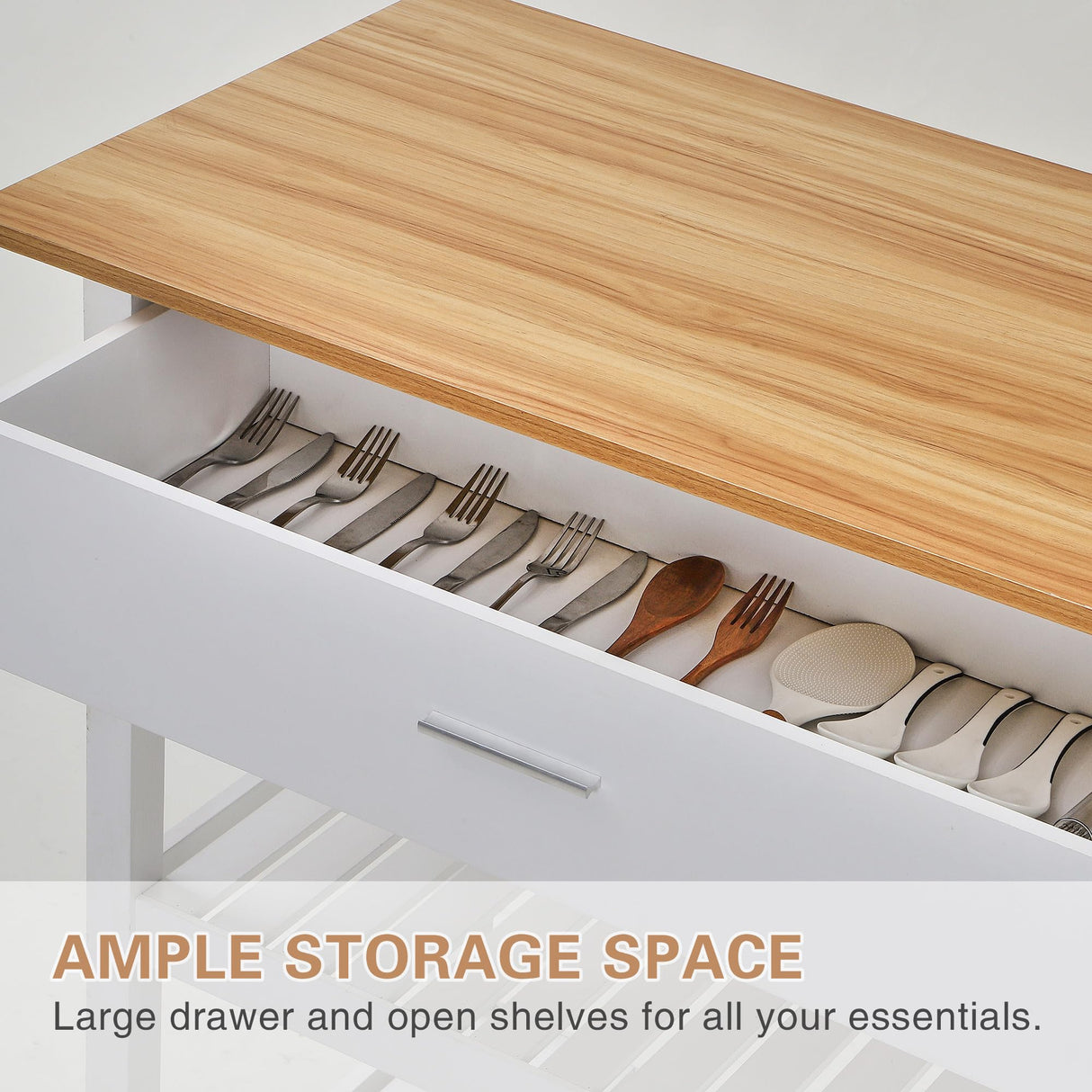 VECELO 40" Width Kitchen Island Cart on Wheels, 3 Tiers Kitchen Cart with Power Strip & Drawer, 2 Spacious Storage Shelf, Easy to Clean, White VECELO