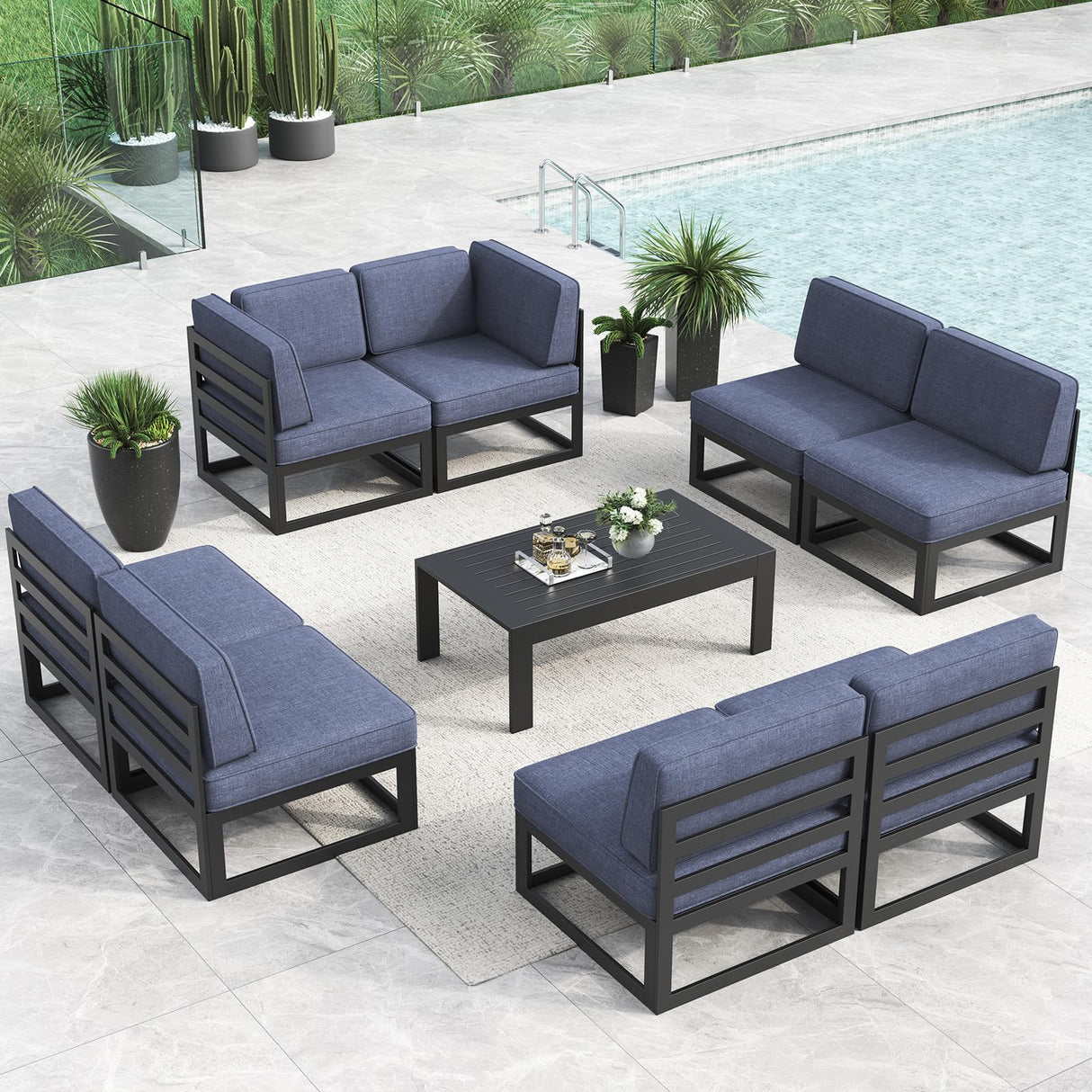LayinSun Large Aluminum Patio Furniture Set, 9 Pieces Modern Outdoor Conversation Set Sectional Metal Sofa Set with Olefin Cushion LayinSun