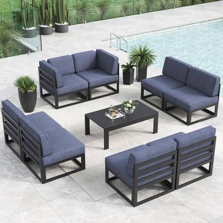 LayinSun Large Aluminum Patio Furniture Set, 9 Pieces Modern Outdoor Conversation Set Sectional Metal Sofa Set with Olefin Cushion LayinSun