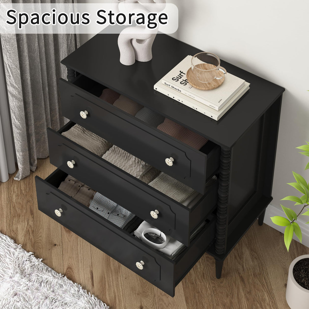 ZOSQUARE 3 Drawer Dresser, 32 inch Wide Dresser for Bedroom, Modern Wood Chest of Drawers, Turned Legs Nightstand with 3 Drawers for Dorms, Hallway, Entryway (Black) ZOSQUARE