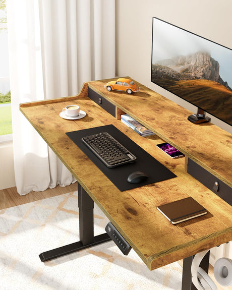 ErGear Electric Standing Desk with Drawers, 48″ x 24″ Gaming Desk with Monitor Stand, C-Clamp Mount Compatible, Home Office Height-Adjustable Desk with Storage Shelf, 4 Preset Heights, Vintage Brown ErGear