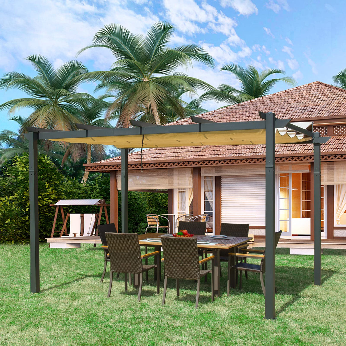 Domi 9x13FT Pergola, Outdoor Retractable Pergola with Weather-Resistant Sun Shade Canopy, Aluminum Pergola Gazebo for BBQ, Party, Wedding, Patio, Backyard, Deck, Garden domi outdoor living