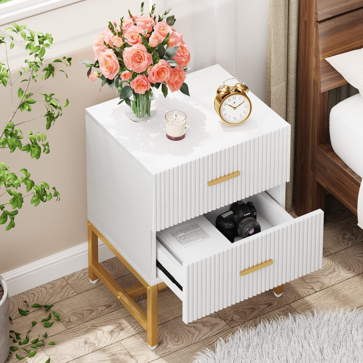 Tribesigns 2-Drawer Nightstand, Modern Fluted Night Stands Bed Side Table with Storage, Wood End Table Accent Table for Bedroom, Living Room, Small Spaces, White Tribesigns