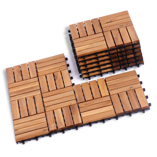 VICTORY RELAX Acacia Wood Flooring Interlocking Deck Tiles for Patio Decor 9 Pcs 16 Slats - Waterproof Indoor & Outdoor Decor - Balcony Garden Decking Tile (11,81 * 11,81 * 0,94 inches) - WoodArtSupply