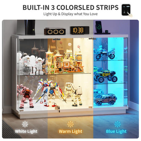 HNEBC Lockable Display Curio Cabinet with Glass Door,47.2" W Glass Display Cabinet with 3 Color Lights for Collectibles,5-Tier Lighted Display Case with Human Sensor,Living Room,White HNEBC