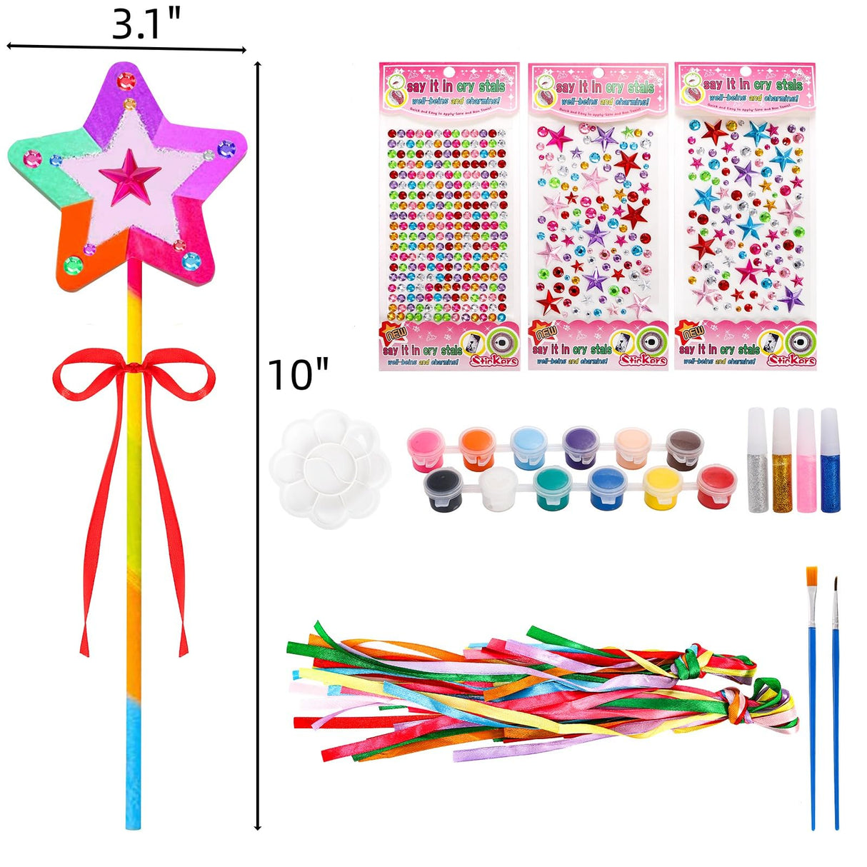 Mezchi 70 Pcs Star Princess Fairy Wands Craft Kit, Make Your Own Wand Craft DIY Magical Wand Kit Includes 16 Unfinished Wooden Princess Wand, 3 Gem Stickers, 32 Colorful Ribbons and Paint Mezchi