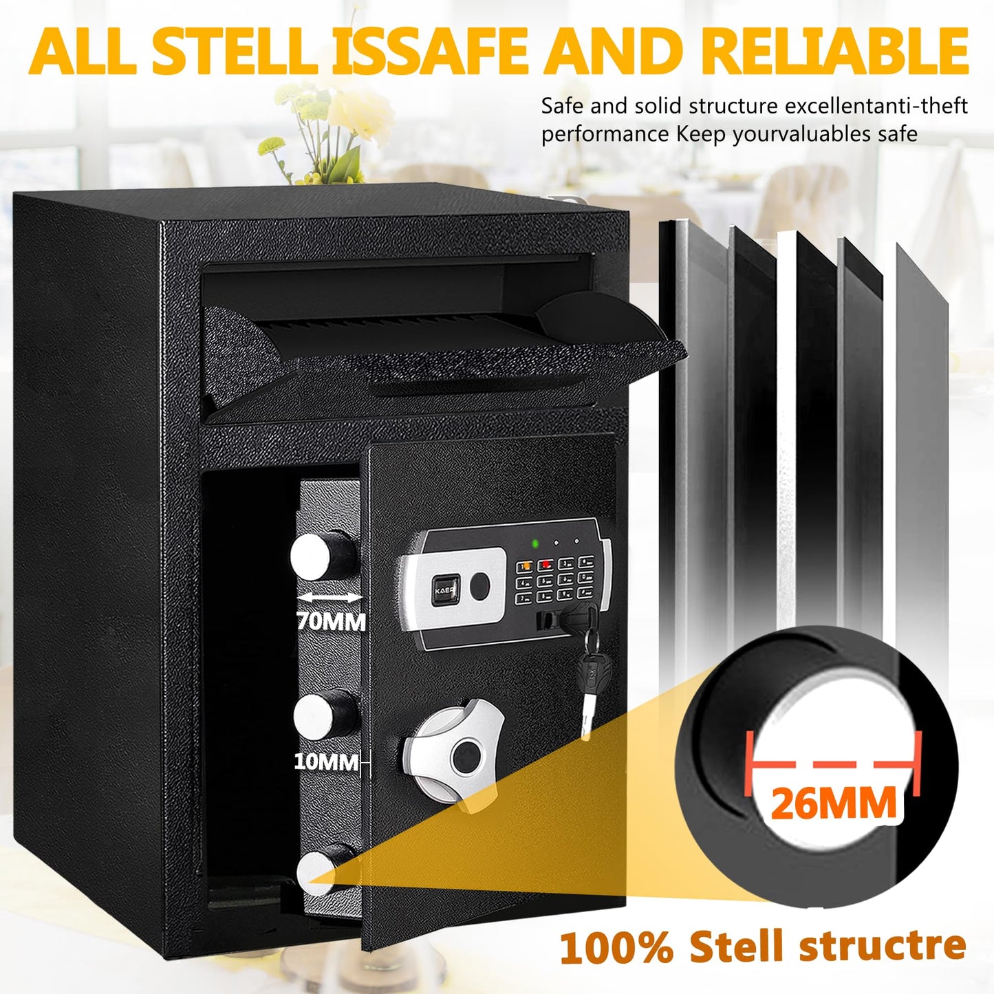 2.6 CUB Depository Drop Safe Fireproof, Front Drop Slot Lock Box with Digital Combination and Anti-Fishing, Silent Deposit Safe Box, Security Money Safe for Cash Slips Expense Business Office - WoodArtSupply