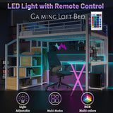 MoproBeti Full Size Loft Bed with Desk and Storage Stairs,Metal Gaming Loft Bed Full with LED Lighting, High Loft Bed with Wardrobe and Shelves for Boys,Girls,Teens, Adults,White MoproBeti