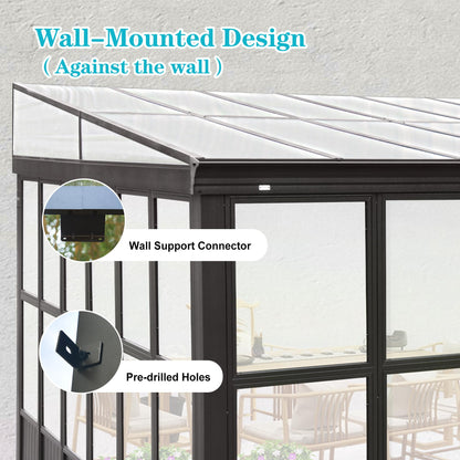 SHPAI 12x14FT Wall Mounted Sunroom, Outdoor Permanent Lean-to Solarium with Detachable Polycarbonate Roof, 2 Lockable Sliding Doors, Aluminum Gazebo Against The Wall Sun Room for Garden Patio - WoodArtSupply