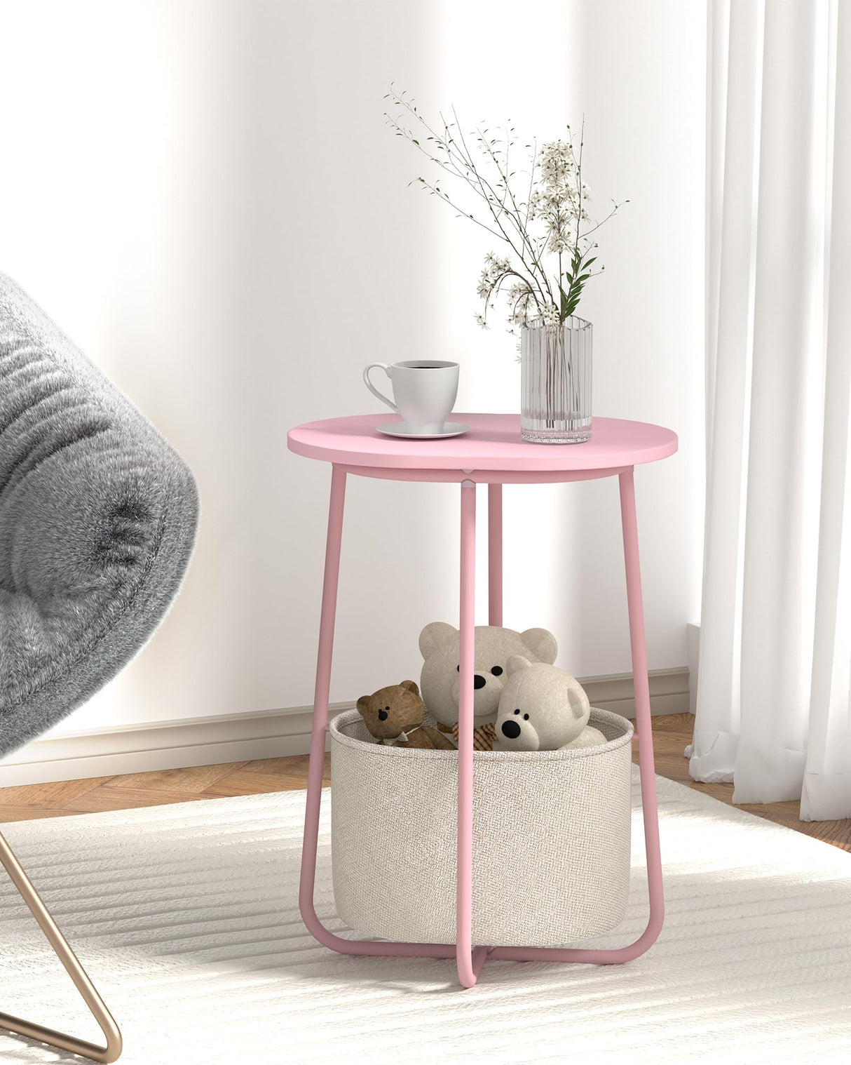 TUTOTAK Small Side Table, Oval End Table, Night Stand, Bedside Table, Set of 2, Sofa Table with Cloth Storage Basket, Living Room, Bed Room, Pink TB01BP0632 TUTOTAK