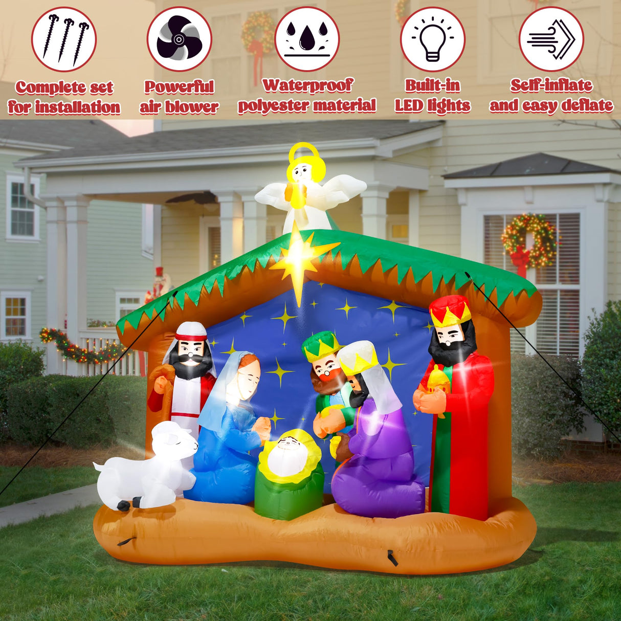 8FT Christmas Nativity Scene, LED Lighted Birth of Jesus Inflatable Decor for Xmas Yard Melisheer
