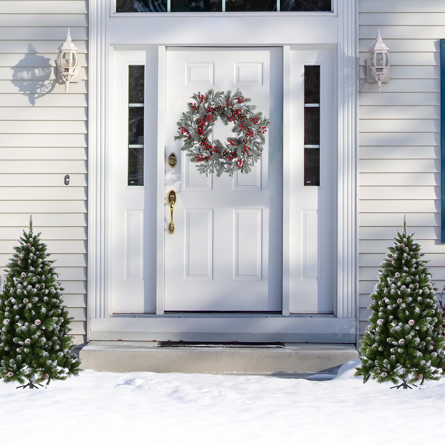 podafu Artificial Christmas Wreath 20 Inch Christmas Wreaths for Front Door Winter Wreath with Red Holly Berries Pine Cones for Front Doors Xmas Winter Holiday Indoor and Outdoor